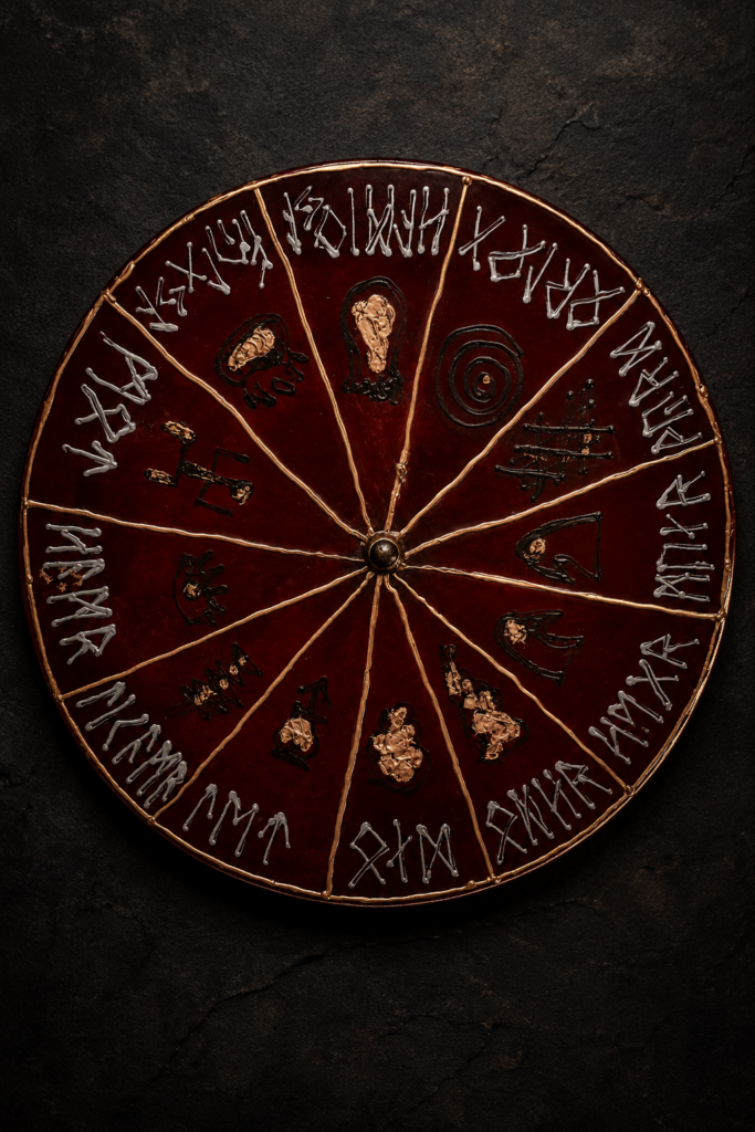 Ruota runica artigianale con simboli della tradizione nordica ed europea, progettata come strumento di lettura e ricerca simbolica.